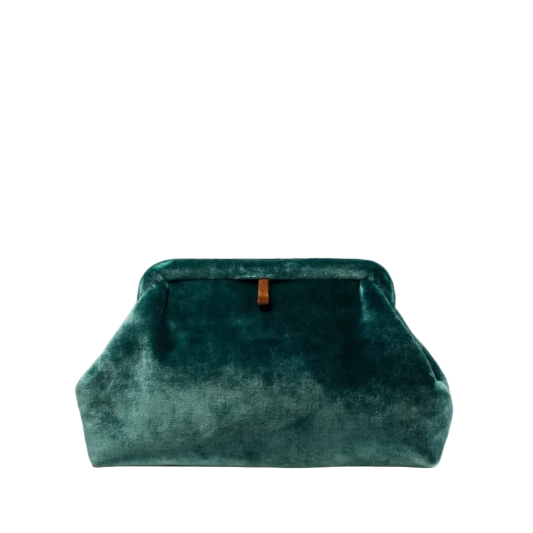 A dark teal green velvet clutch bag with a small brown leather accent tab on the top, shown against a plain white background.