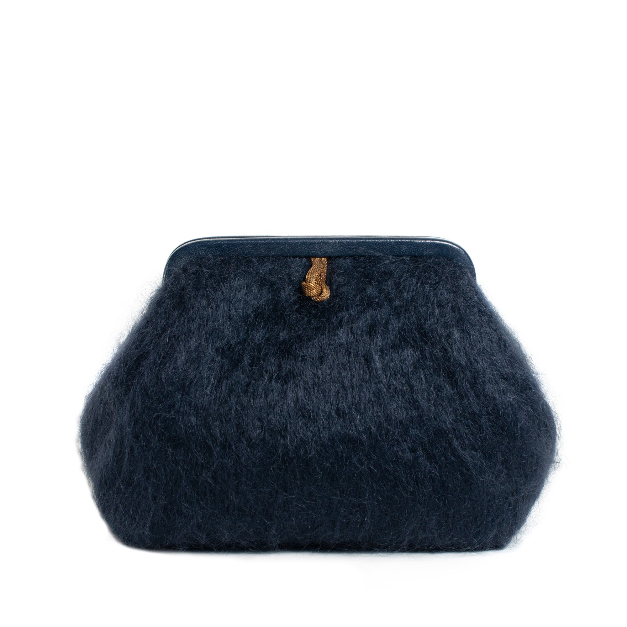 A dark navy blue fuzzy faux-fur clutch bag with a dark metal kiss-lock clasp and a small gold accent, shown against a plain white background.