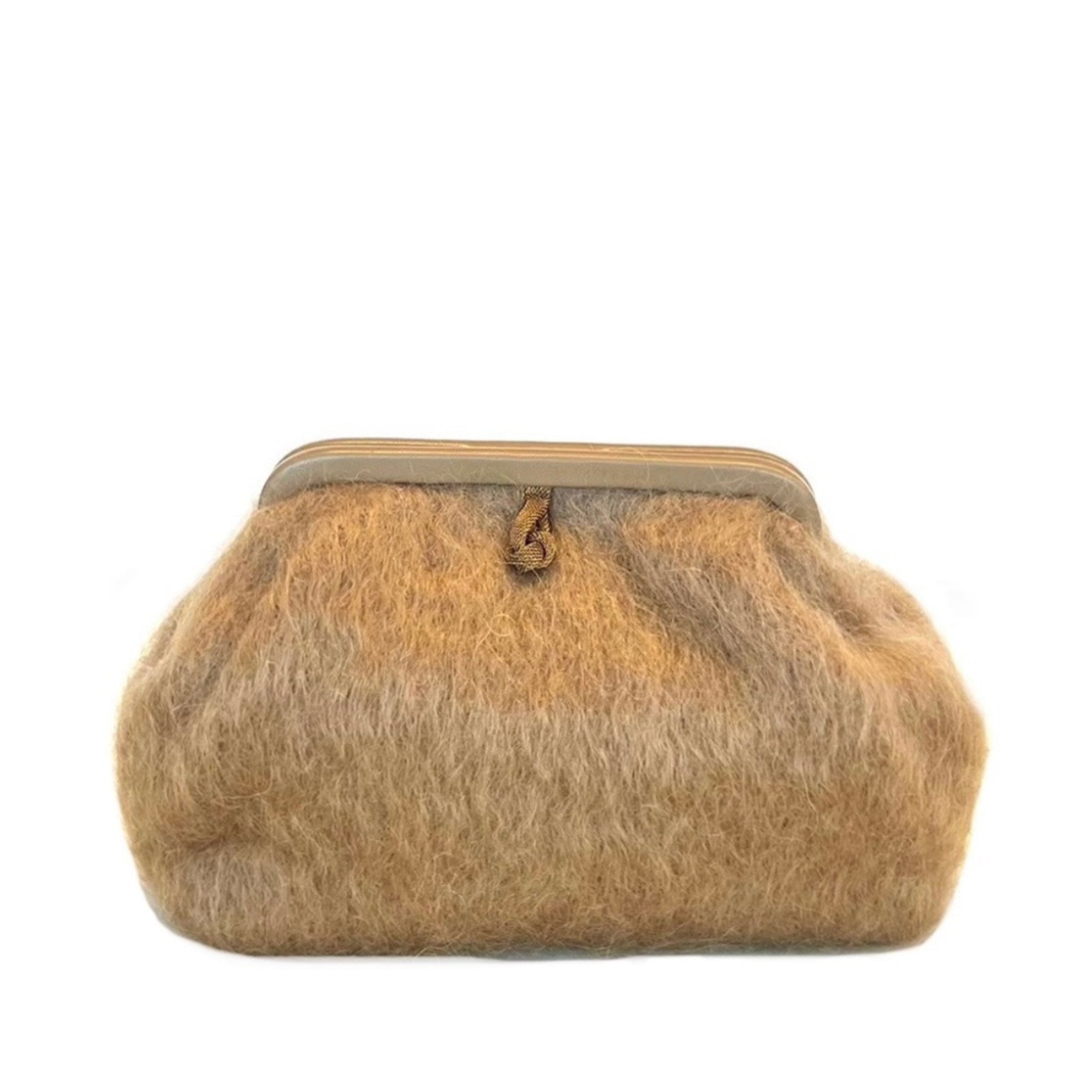 A vintage-style fuzzy felt clutch bag in a warm tan and beige gradient, featuring a light brown metal frame and a small leather tie detail on the front, set against a plain white background.