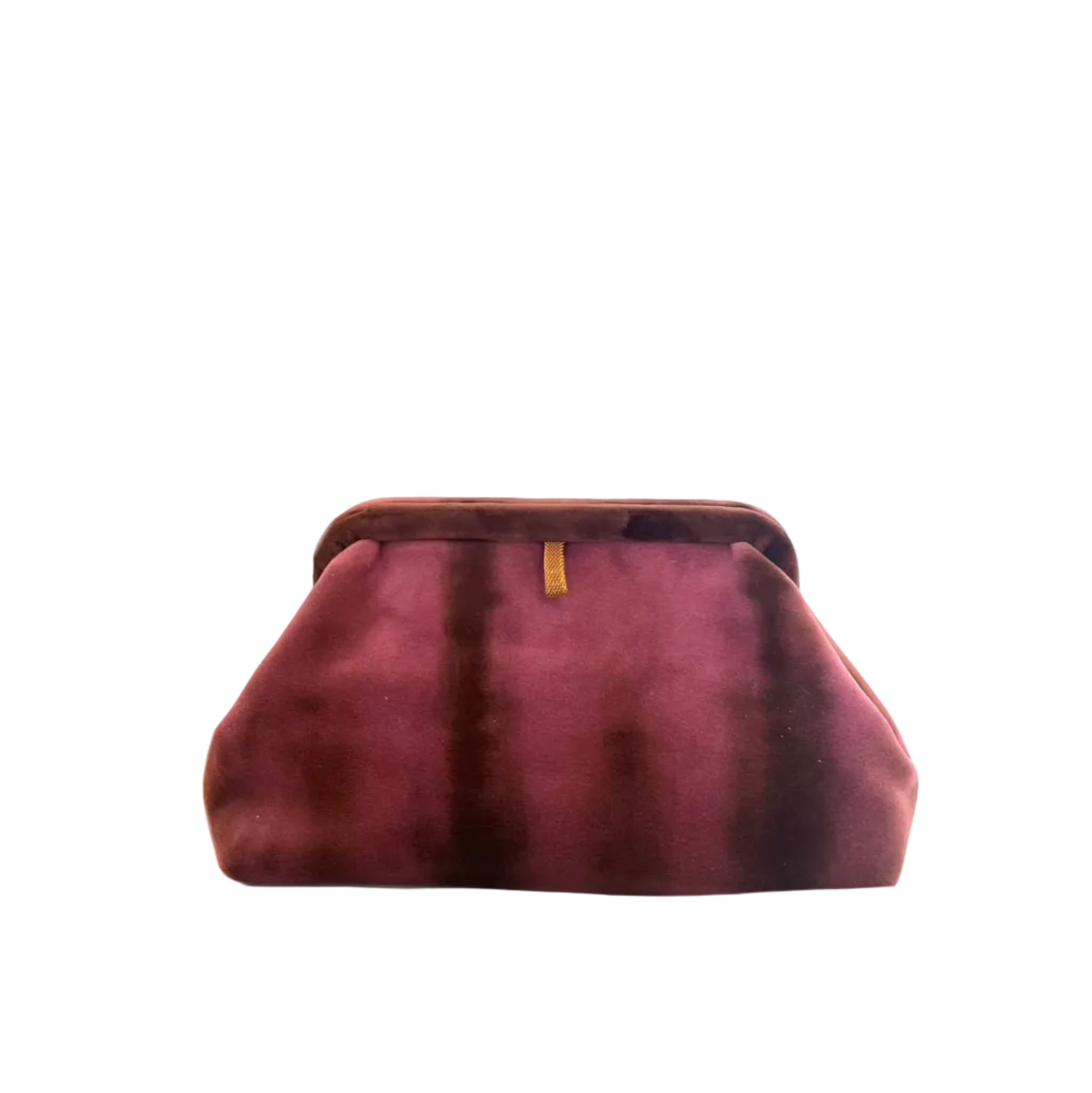 A vintage burgundy velvet clutch bag with a dark brown top frame and a small gold-tone accent tab, set against a plain white background.