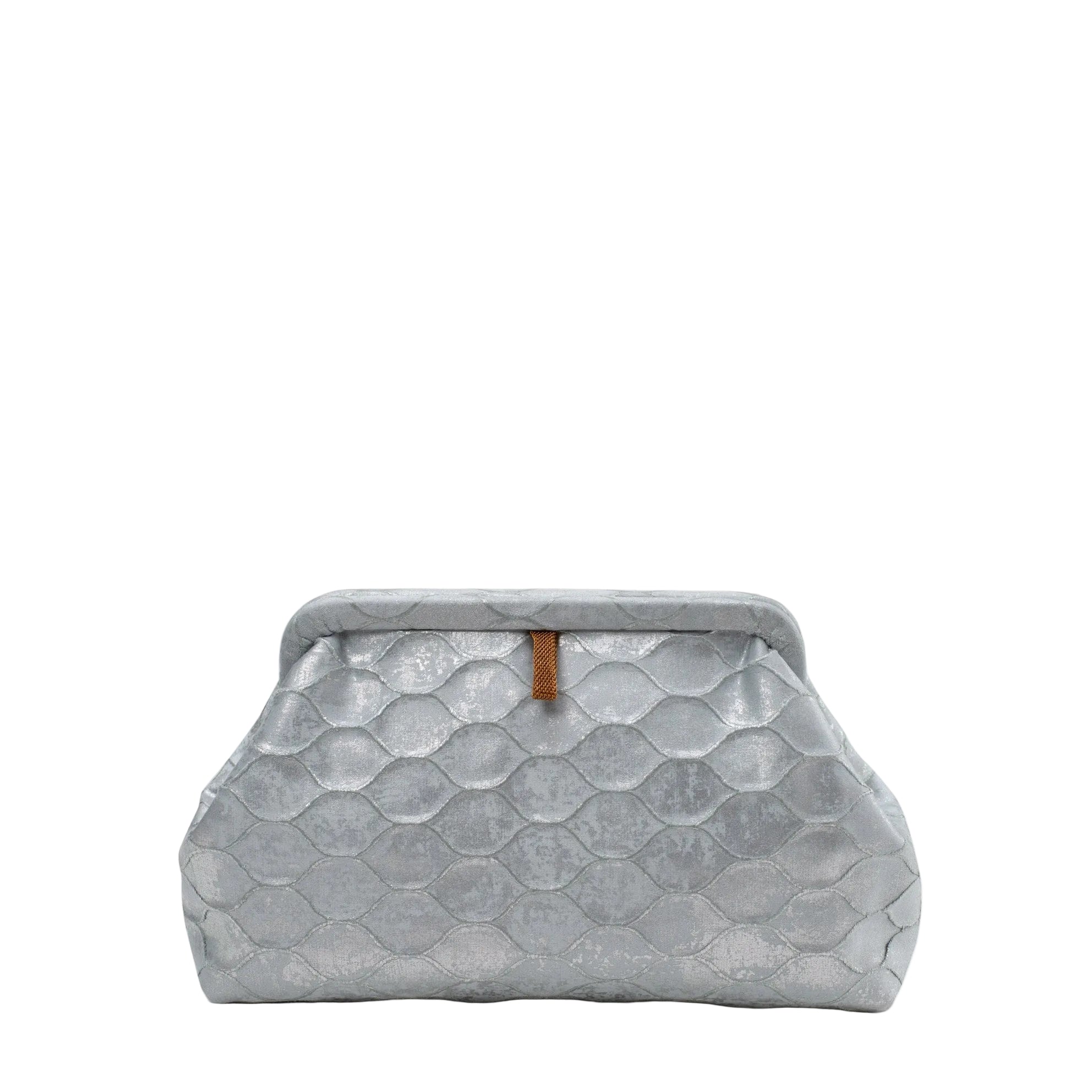 Gray quilted clutch bag with a brown strap on a white background