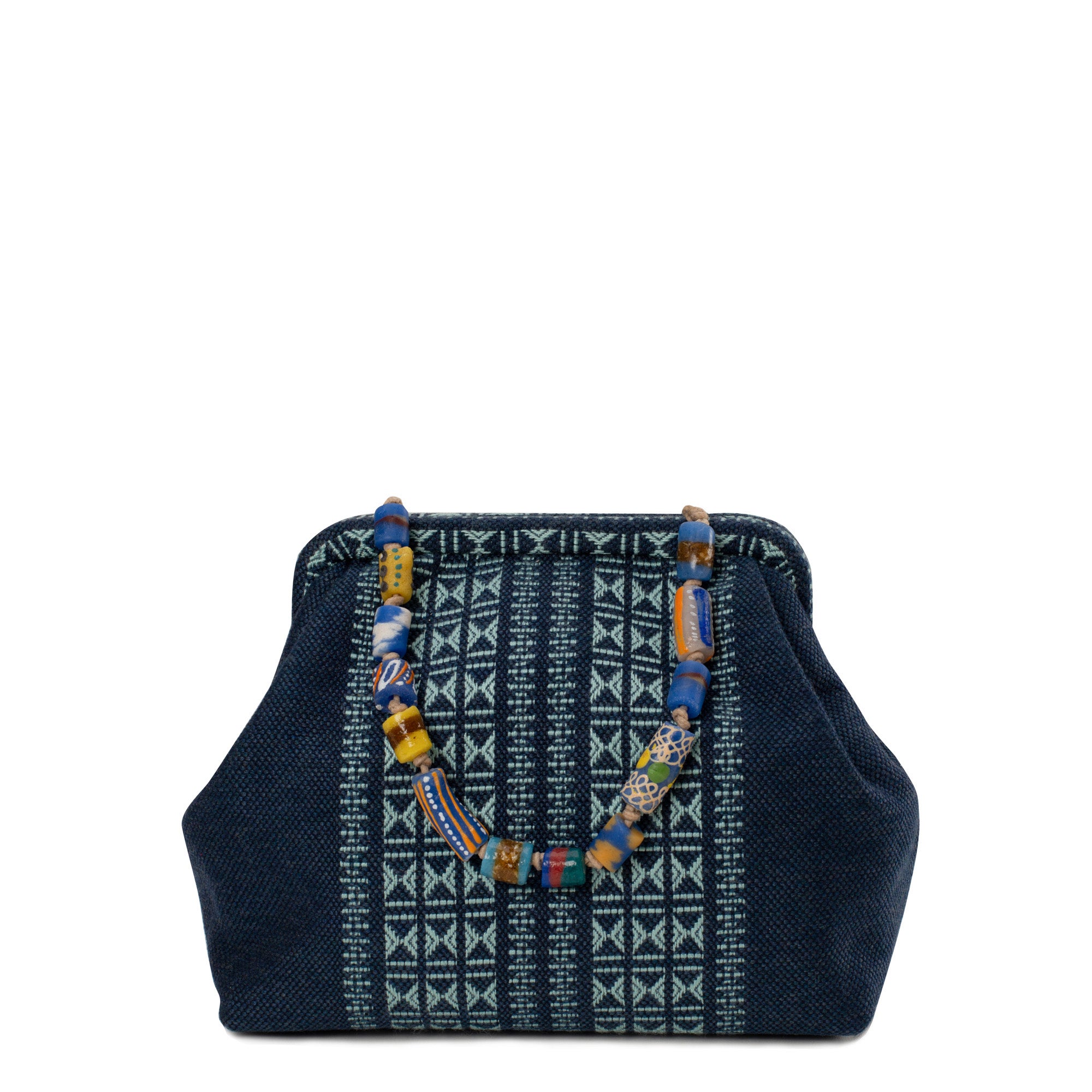 Navy blue handbag with bead embellishments on a white background