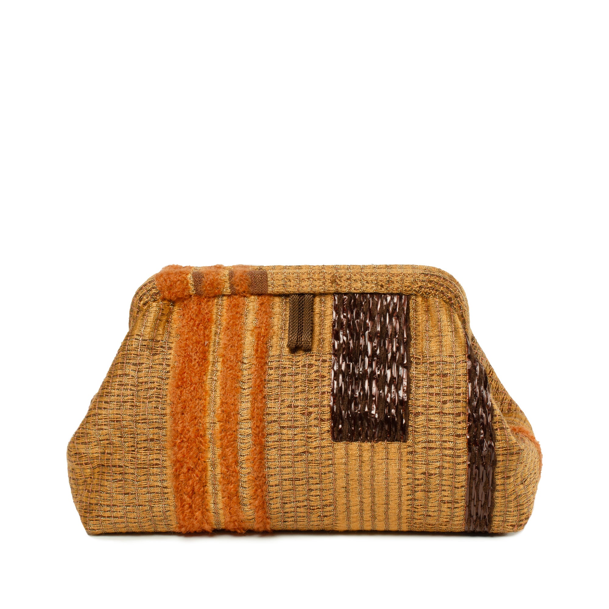 A woven clutch bag with a textured, striped pattern in natural tan, rust orange, and dark brown, set against a plain white background.