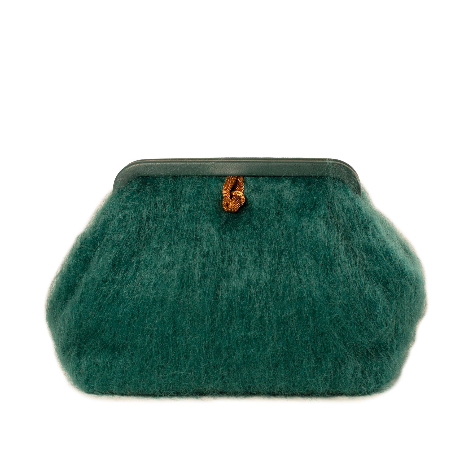 A dark teal green fuzzy faux fur clutch bag with a dark green metal frame and a small brown leather tie closure, shown on a plain white background.