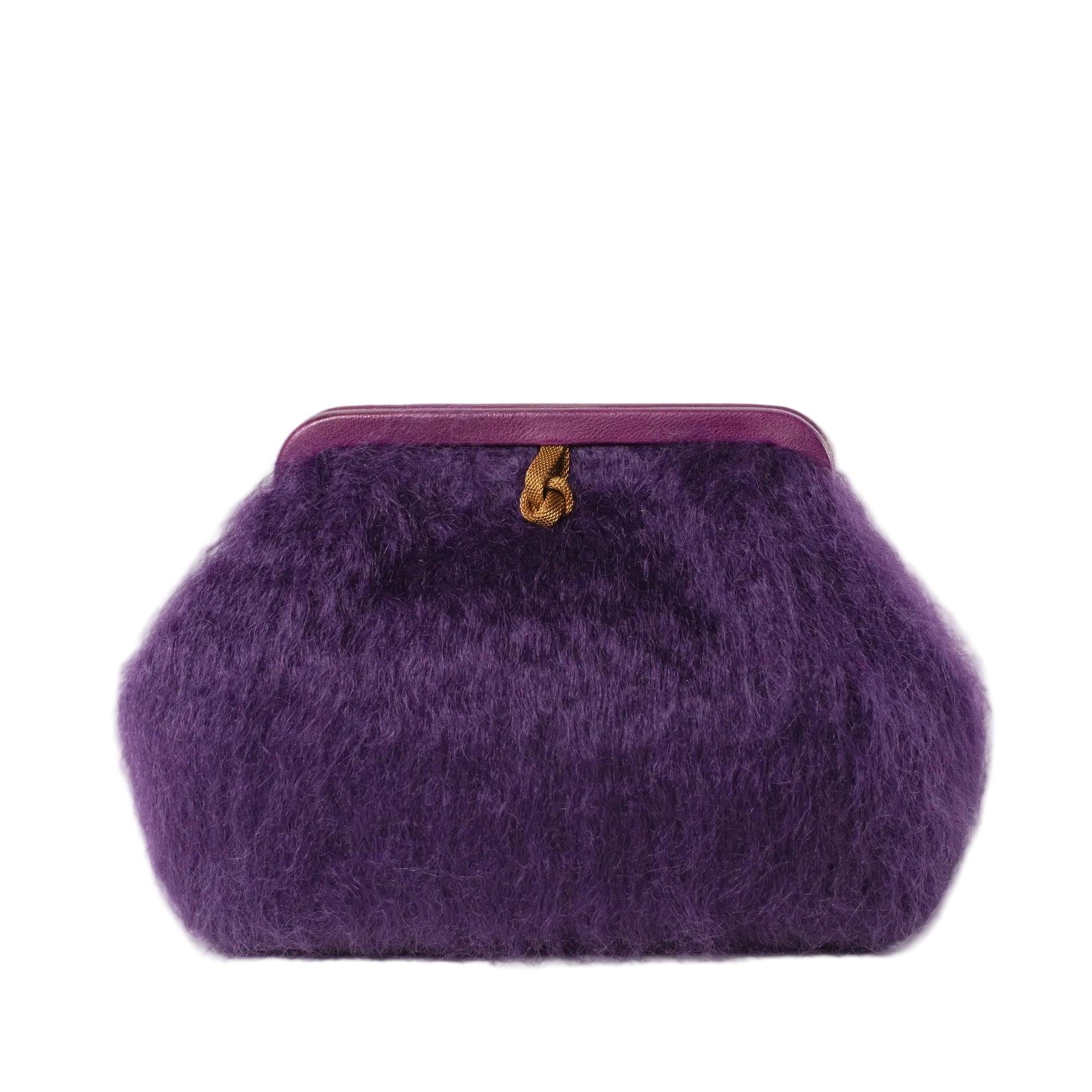 Purple furry pouch with a gold clasp on a white background