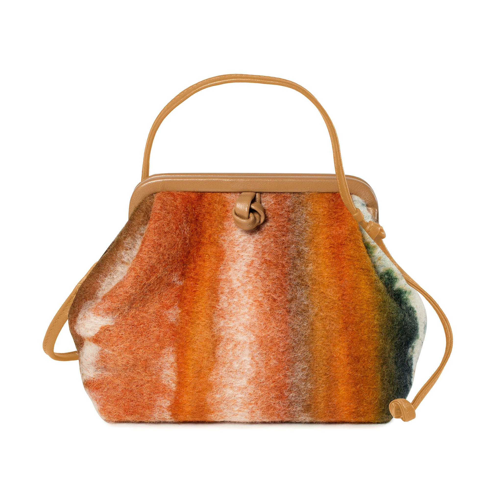 A structured handbag with a textured, vertically striped pattern in orange, brown, beige, and green, featuring tan leather trim, a top handle, and a shoulder strap on a white background.