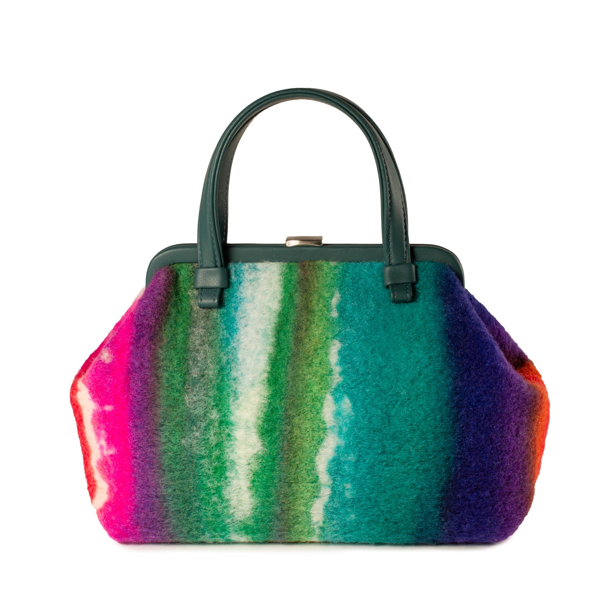 A structured handbag with a vibrant vertical watercolor-like stripe pattern in pink, green, teal, and purple, featuring dark green leather handles and trim on a white background.